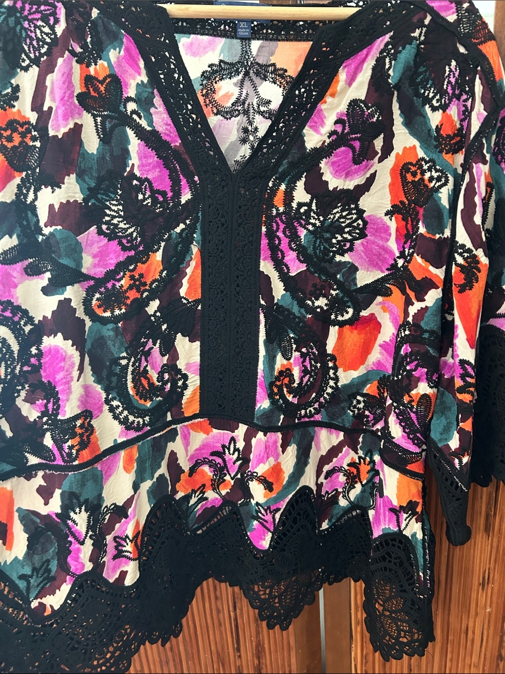 Democracy Floral V-Neck Tunic with Black Crochet Trim in Purple, Orange & Green - Picture 8 of 16